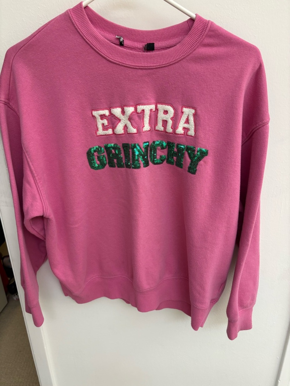 Forever 21 Pink Sweatshirt with Green Sequin "Extra Grinchy" Text